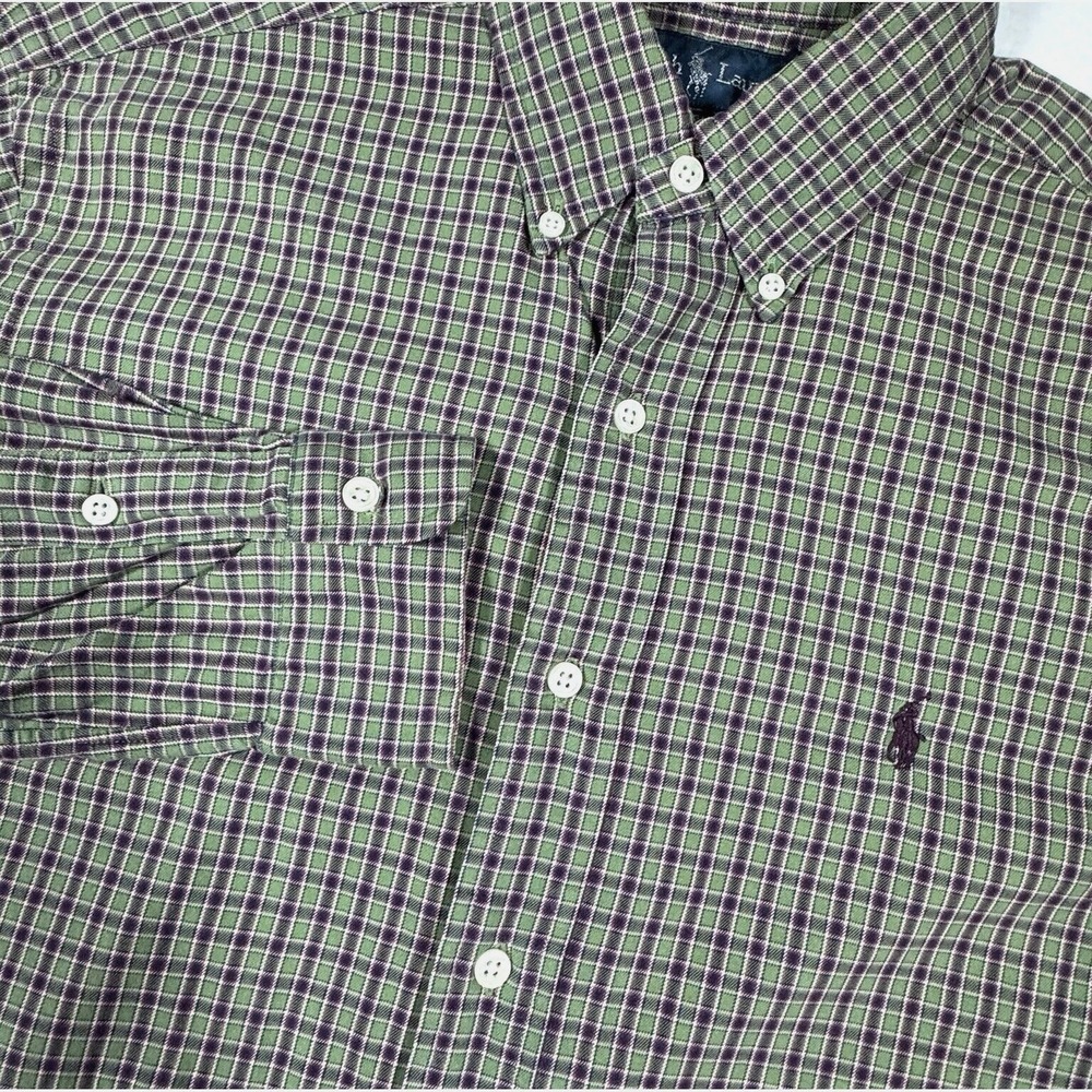 Polo Ralph Lauren Flannel Button Down Shirt Men M Green Purple Plaid Classic Fit
